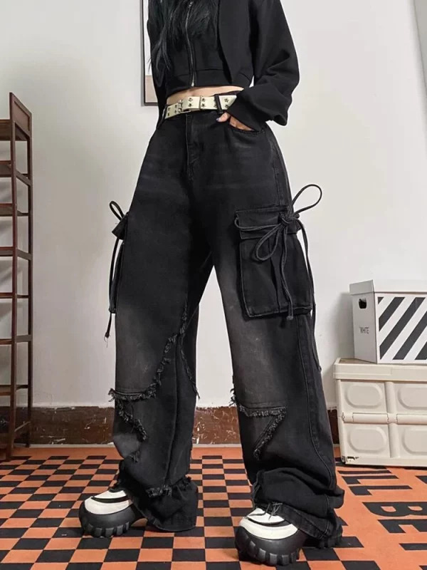 Y2K Japanese Streetwear Denim Cargo Pants - Grunge Baggy Loose Jeans - Dark Academia Aesthetic