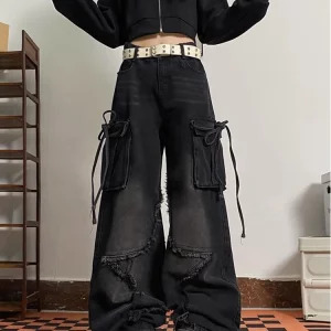 Y2K Japanese Streetwear Denim Cargo Pants - Grunge Baggy Loose Jeans - Dark Academia Aesthetic