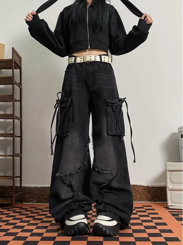 Y2K Japanese Streetwear Denim Cargo Pants - Grunge Baggy Loose Jeans - Dark Academia Aesthetic