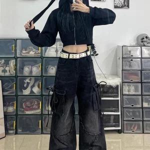 Y2K Japanese Streetwear Denim Cargo Pants - Grunge Baggy Loose Jeans - Dark Academia Aesthetic