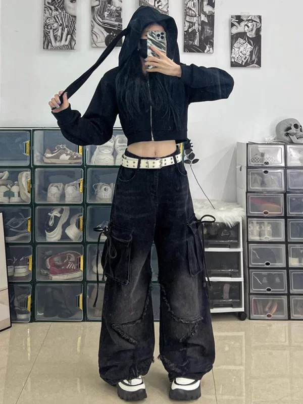 Y2K Japanese Streetwear Denim Cargo Pants - Grunge Baggy Loose Jeans - Dark Academia Aesthetic