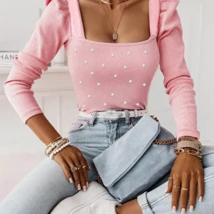 Y2K Knitted Long Sleeve Pink Top - Square Collar Pearl Pullover, Retro 90s Fashion Blouse