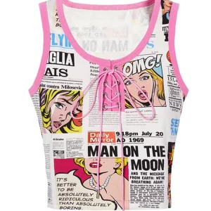 Y2K Korean Fashion Sleeveless Bodycon Graphic Vest - Retro 90s Summer Women's Crop Top