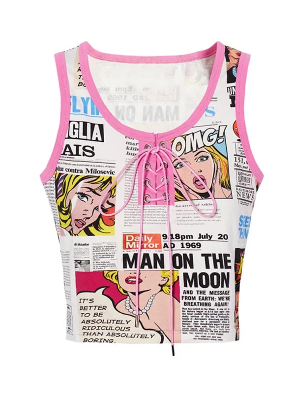 Y2K Korean Fashion Sleeveless Bodycon Graphic Vest - Retro 90s Summer Women's Crop Top