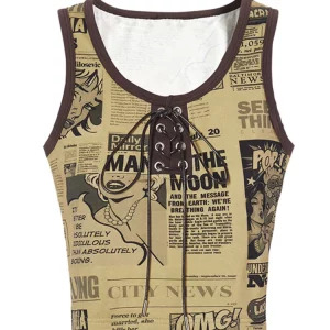 Y2K Korean Fashion Sleeveless Bodycon Graphic Vest - Retro 90s Summer Women's Crop Top