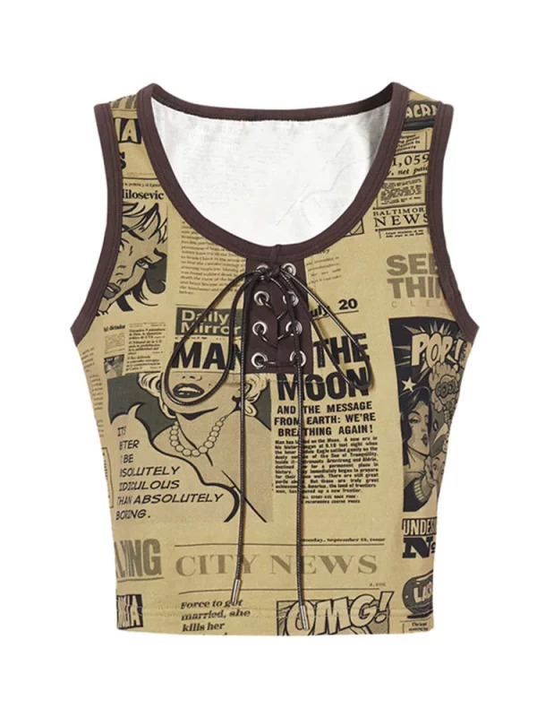 Y2K Korean Fashion Sleeveless Bodycon Graphic Vest - Retro 90s Summer Women's Crop Top