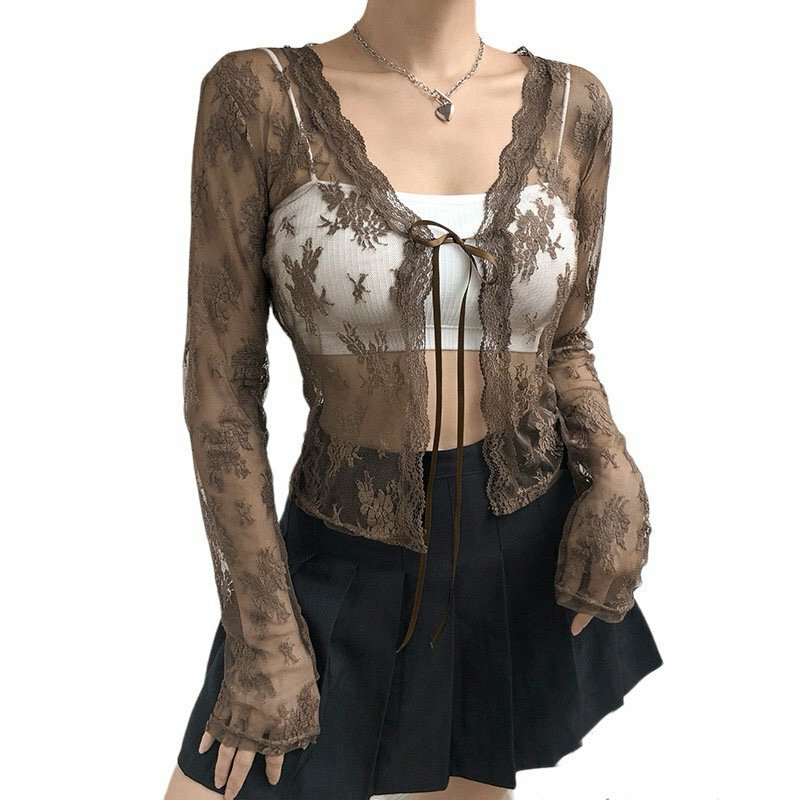 Y2K Lace & Bow V-Neck Mesh Top - Grunge, Retro, Vintage, Harajuku, Korean,