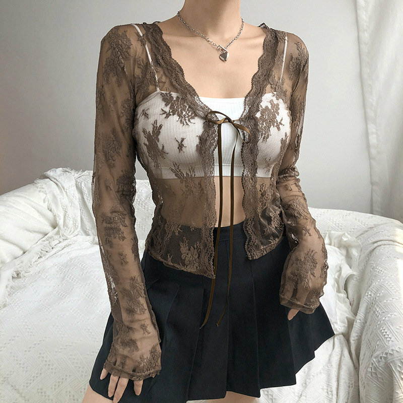 Y2K Lace & Bow V-Neck Mesh Top - Grunge, Retro, Vintage, Harajuku, Korean,