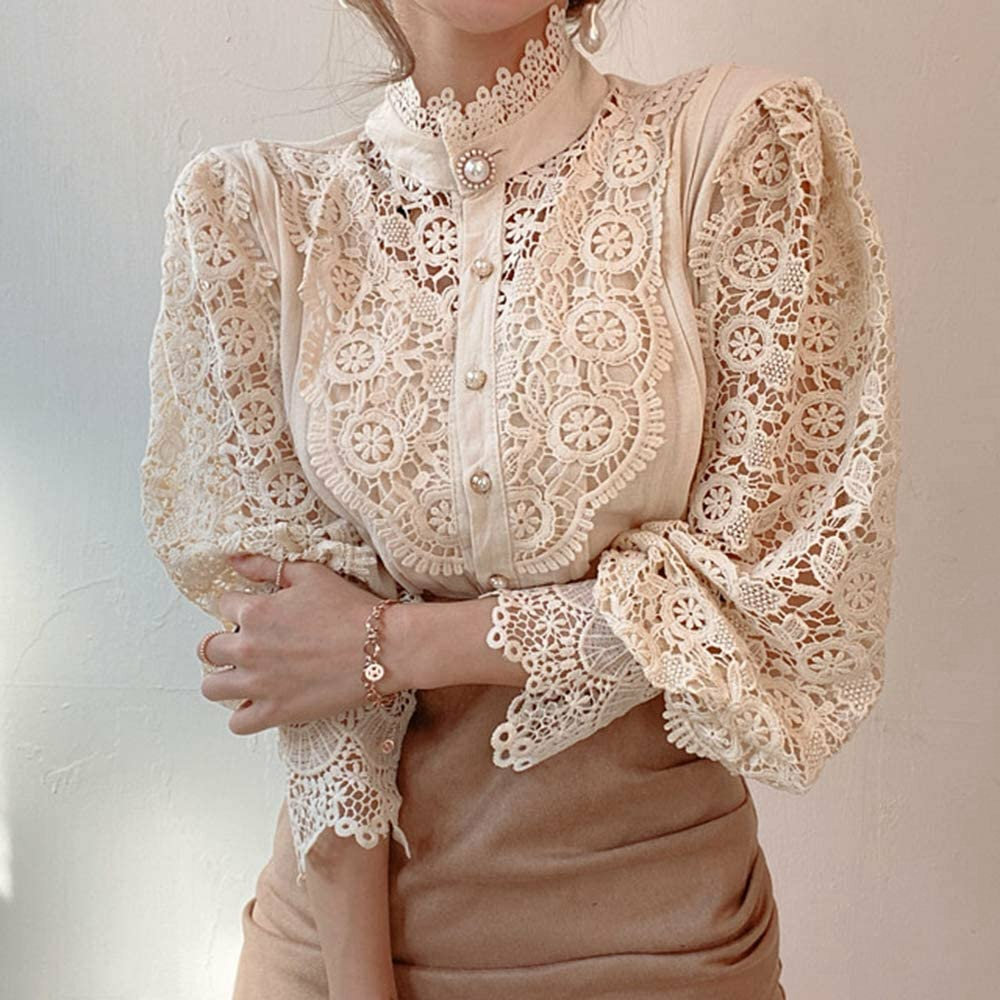 Y2K Lace Patchwork Stand Collar Floral Sleeve Button Top - Casual Grunge Spring Fashion