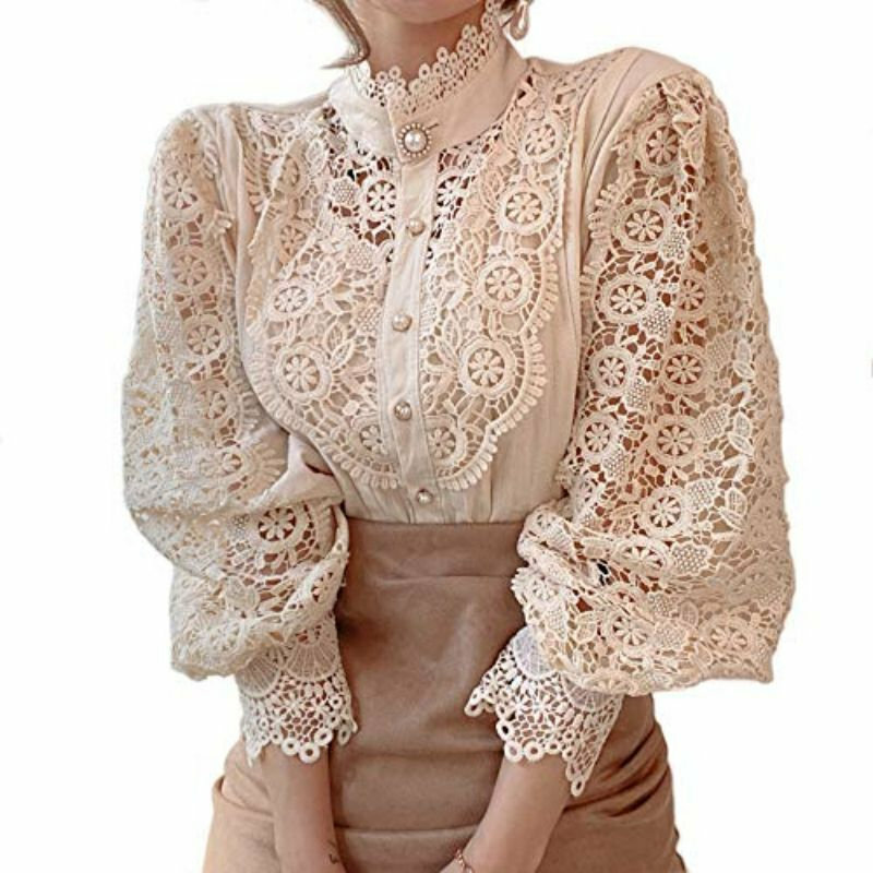 Y2K Lace Patchwork Stand Collar Floral Sleeve Button Top - Casual Grunge Spring Fashion