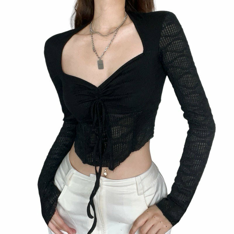 Y2K Lace Ruched Bodycon Crop Top - Vintage 90s Grunge Streetwear Retro Fashion