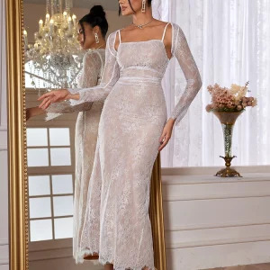 Y2K Lace-Up Maxi Dress with Detachable Cape - Elegant White Wedding & Party Outfit