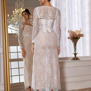 Y2K Lace-Up Maxi Dress with Detachable Cape - Elegant White Wedding & Party Outfit