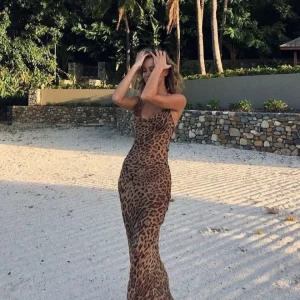 Y2K Leopard Maxi Dress - Sexy Sheer Backless Beach Outfit, 90s Grunge Summer Fashion