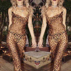 Y2K Leopard Maxi Dress - Sexy Sheer Backless Beach Outfit, 90s Grunge Summer Fashion