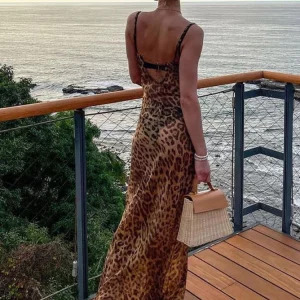 Y2K Leopard Maxi Dress - Sexy Sheer Backless Beach Outfit, 90s Grunge Summer Fashion