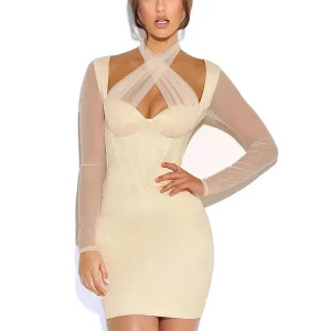 Y2K Long Sleeve Bodycon Dress - Sexy Mesh Cross Mini Dress for Summer Parties & Night Outfits