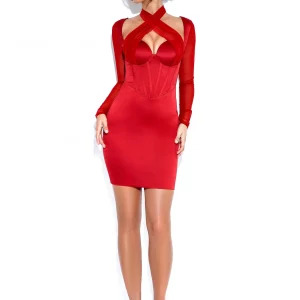 Y2K Long Sleeve Bodycon Dress - Sexy Mesh Cross Mini Dress for Summer Parties & Night Outfits