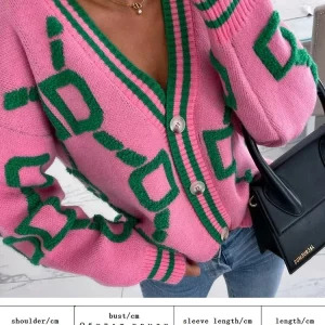 Y2K Long Sleeve Letter Print Cardigan - Oversized Pink Knitted Sweater for Retro 90s Fashion