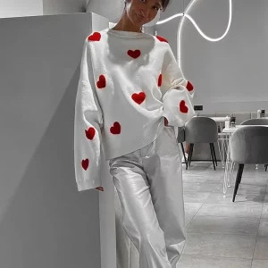 Y2K Love Heart Knit Sweater - Embroidered Long Sleeve Pullover, Oversized High Street Jumper