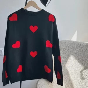 Y2K Love Heart Knit Sweater - Embroidered Long Sleeve Pullover, Oversized High Street Jumper