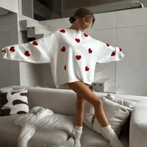 Y2K Love Heart Knit Sweater - Embroidered Long Sleeve Pullover, Oversized High Street Jumper