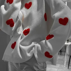 Y2K Love Heart Knit Sweater - Embroidered Long Sleeve Pullover, Oversized High Street Jumper