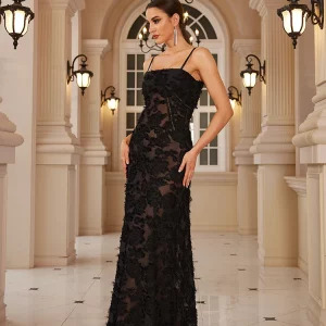 Y2K Maxi Dress - Black Appliques, Elegant Retro 90s Fashion for Parties & Dancing