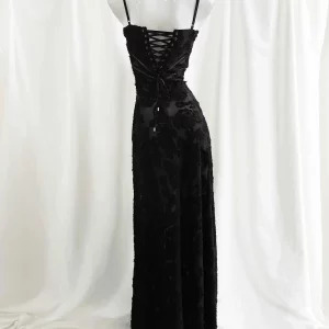 Y2K Maxi Dress - Black Appliques, Elegant Retro 90s Fashion for Parties & Dancing