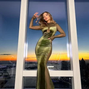 Y2K Mesh Long Sleeve Maxi Dress - Sexy Green Velvet Mermaid Evening Party Outfit