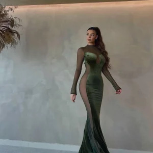 Y2K Mesh Long Sleeve Maxi Dress - Sexy Green Velvet Mermaid Evening Party Outfit