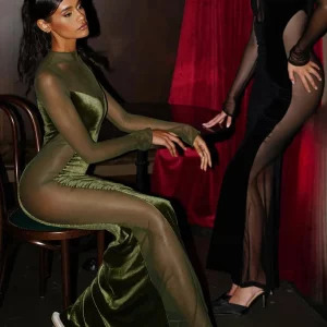 Y2K Mesh Long Sleeve Maxi Dress - Sexy Green Velvet Mermaid Evening Party Outfit