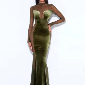 Y2K Mesh Long Sleeve Maxi Dress - Sexy Green Velvet Mermaid Evening Party Outfit