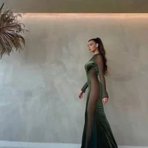 Y2K Mesh Long Sleeve Maxi Dress - Sexy Green Velvet Mermaid Evening Party Outfit