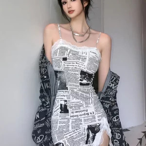 Y2K Newspaper Print Spaghetti Strap Mini Dress with Lace Patchwork - Summer Streetwear Sexy Coquette One-Piece