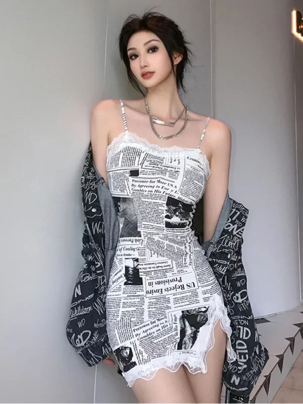 Y2K Newspaper Print Spaghetti Strap Mini Dress with Lace Patchwork - Summer Streetwear Sexy Coquette One-Piece