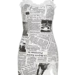 Y2K Newspaper Print Spaghetti Strap Mini Dress with Lace Patchwork - Summer Streetwear Sexy Coquette One-Piece