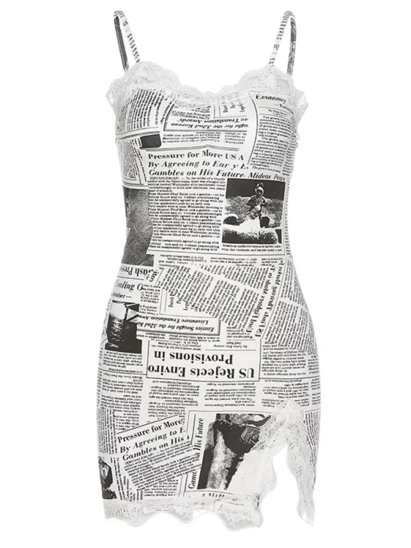 Y2K Newspaper Print Spaghetti Strap Mini Dress with Lace Patchwork - Summer Streetwear Sexy Coquette One-Piece