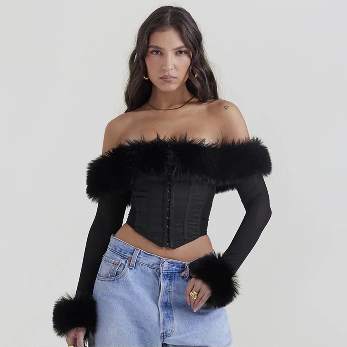 Y2K Off-Shoulder Cropped Top with Detachable Fur - Black Long Sleeve Sexy Bodycon Blouse