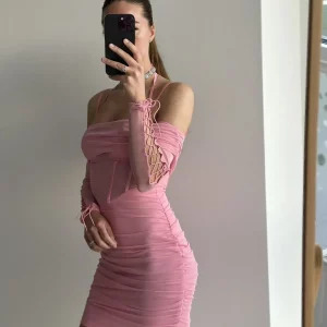 Y2K Off Shoulder Mesh Dress Sexy Halter Bodycon Party Outfit - Pink Summer Retro Fashion