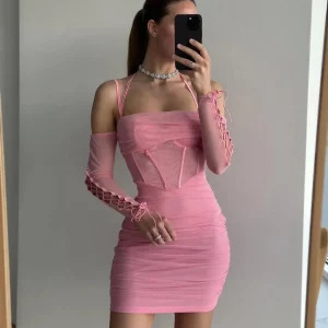 Y2K Off Shoulder Mesh Dress Sexy Halter Bodycon Party Outfit - Pink Summer Retro Fashion