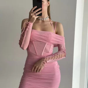 Y2K Off Shoulder Mesh Dress Sexy Halter Bodycon Party Outfit - Pink Summer Retro Fashion