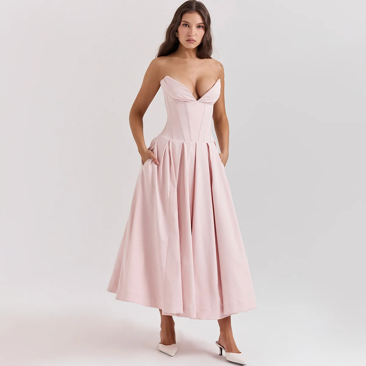 Y2K Pink Strapless Long Dress - Elegant Flare Corset, Retro 90s Fashion Summer Outfit