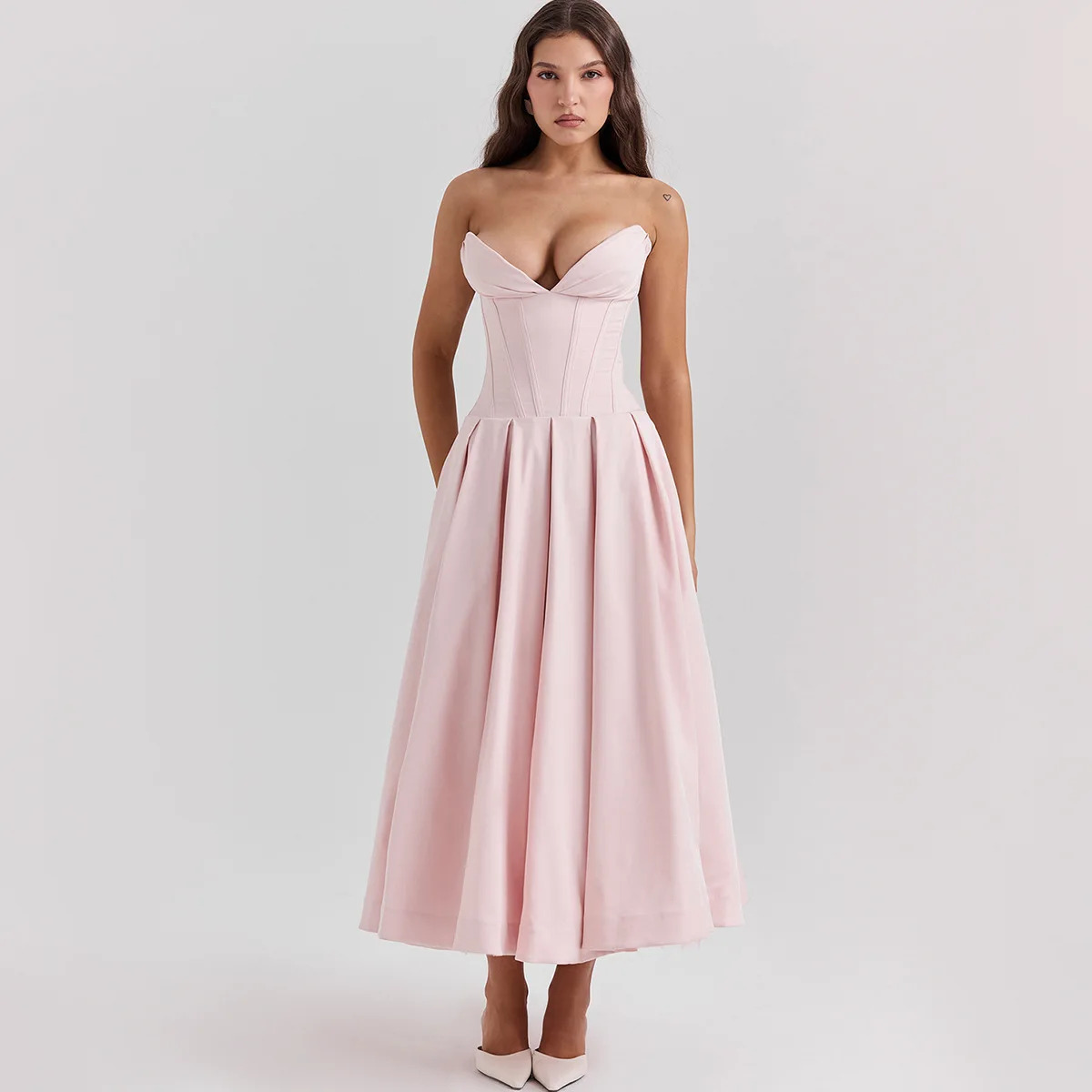 Y2K Pink Strapless Long Dress - Elegant Flare Corset, Retro 90s Fashion Summer Outfit