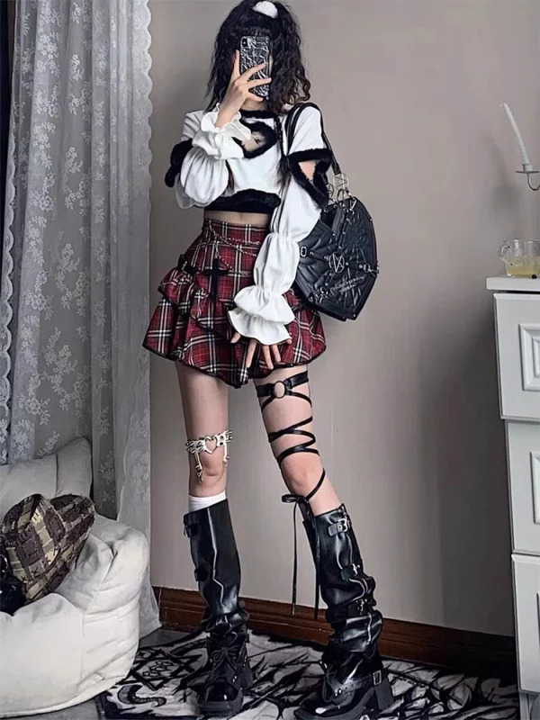 Y2k Plaid Mini Skirt - Japanese Gyaru Punk Aesthetic with Tiered Ruffles