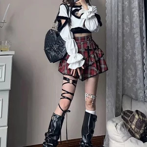 Y2k Plaid Mini Skirt - Japanese Gyaru Punk Aesthetic with Tiered Ruffles