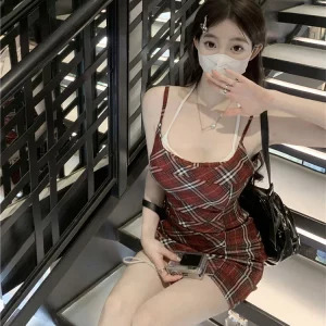 Y2K Plaid Spaghetti Strap Mini Dress - Vintage Summer Outfit for Women