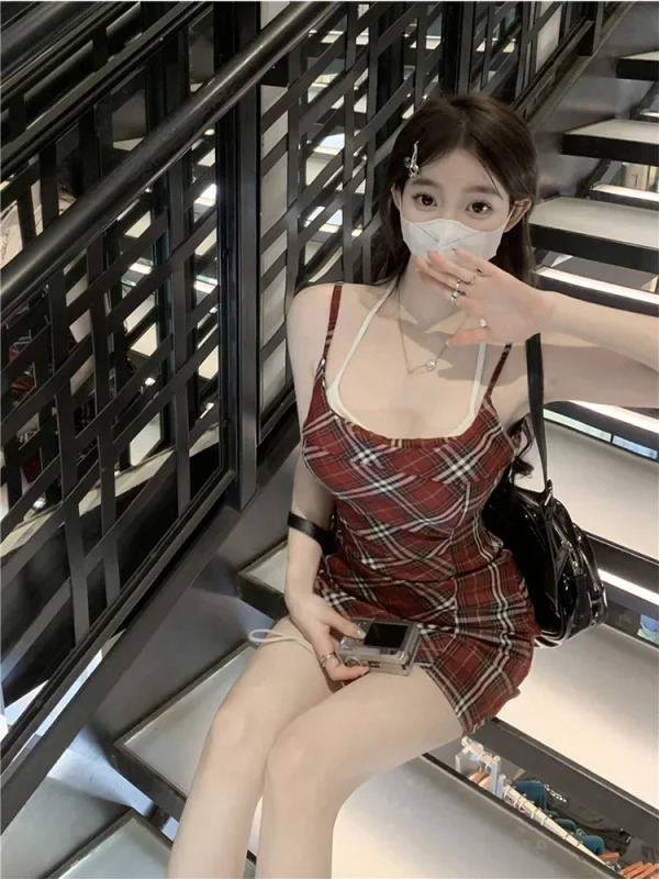 Y2K Plaid Spaghetti Strap Mini Dress - Vintage Summer Outfit for Women