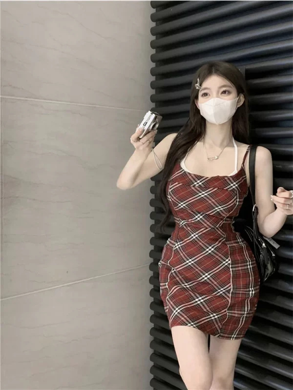 Y2K Plaid Spaghetti Strap Mini Dress - Vintage Summer Outfit for Women