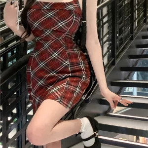 Y2K Plaid Spaghetti Strap Mini Dress - Vintage Summer Outfit for Women